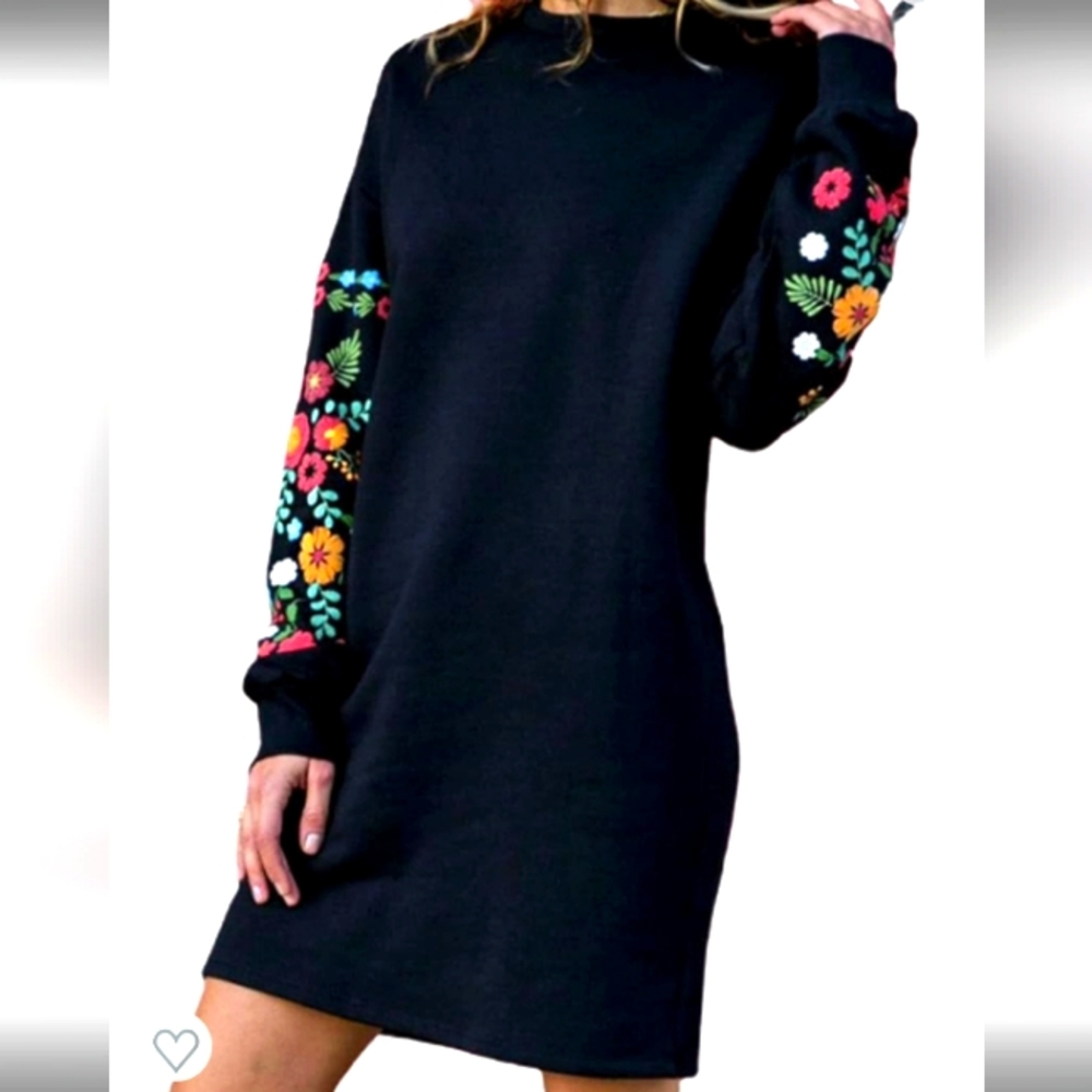 NWOT Black mini dress with embroidered sleeves size S